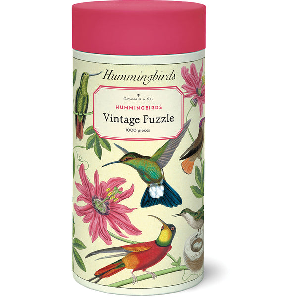 Jigsaw puzzle canister with hummingbird design and pink lid