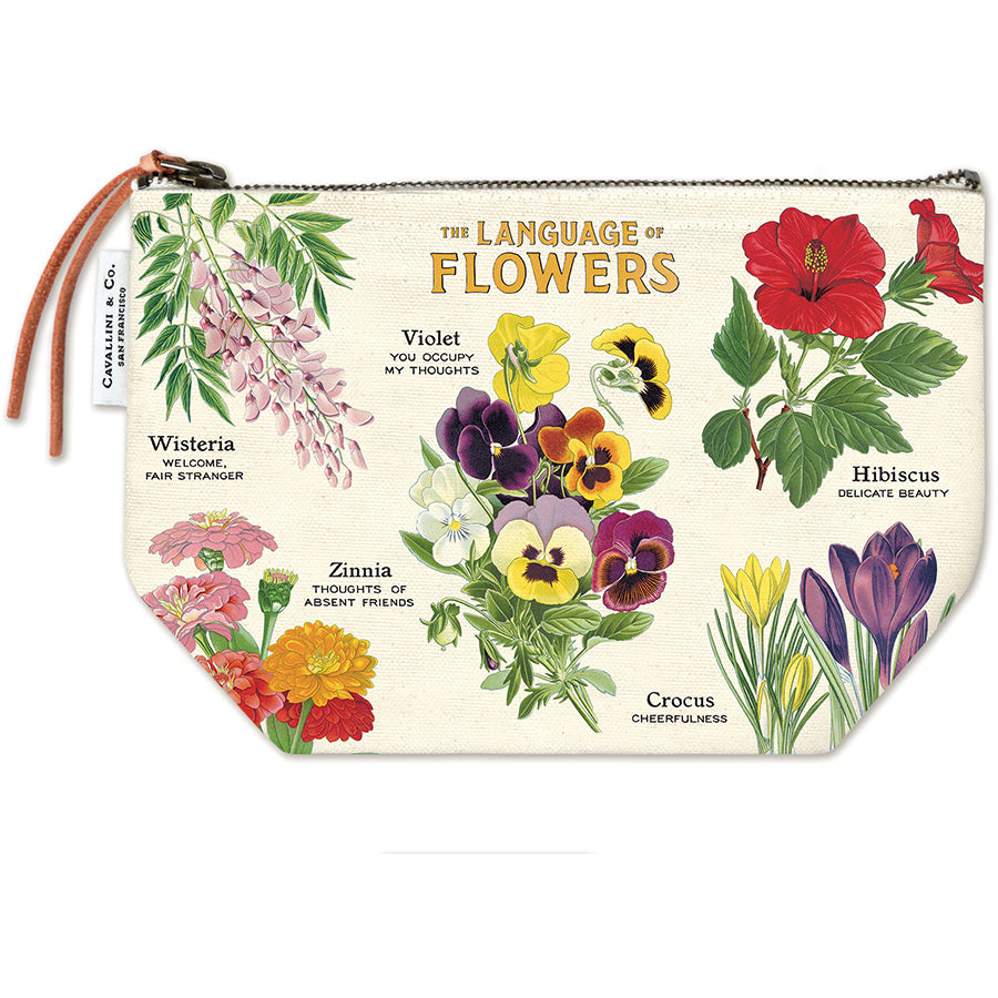 Pouch with floral designs and text 'The Language of Flowers' on a white background
