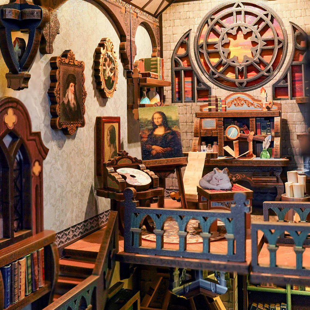 Detailed model room with furniture, books, and decorative elements