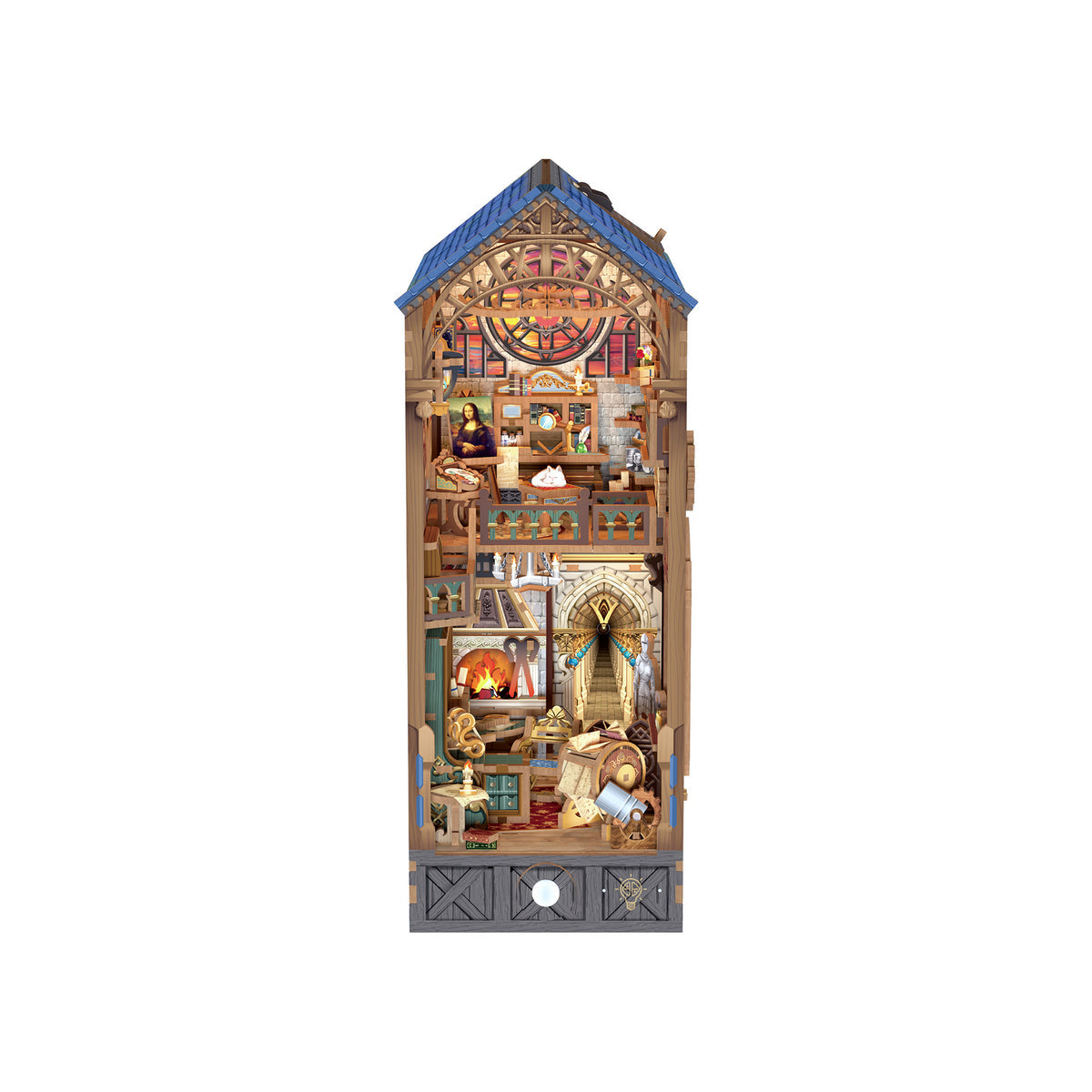 Detailed model of a Leonardo da Vinci workspace on a white background