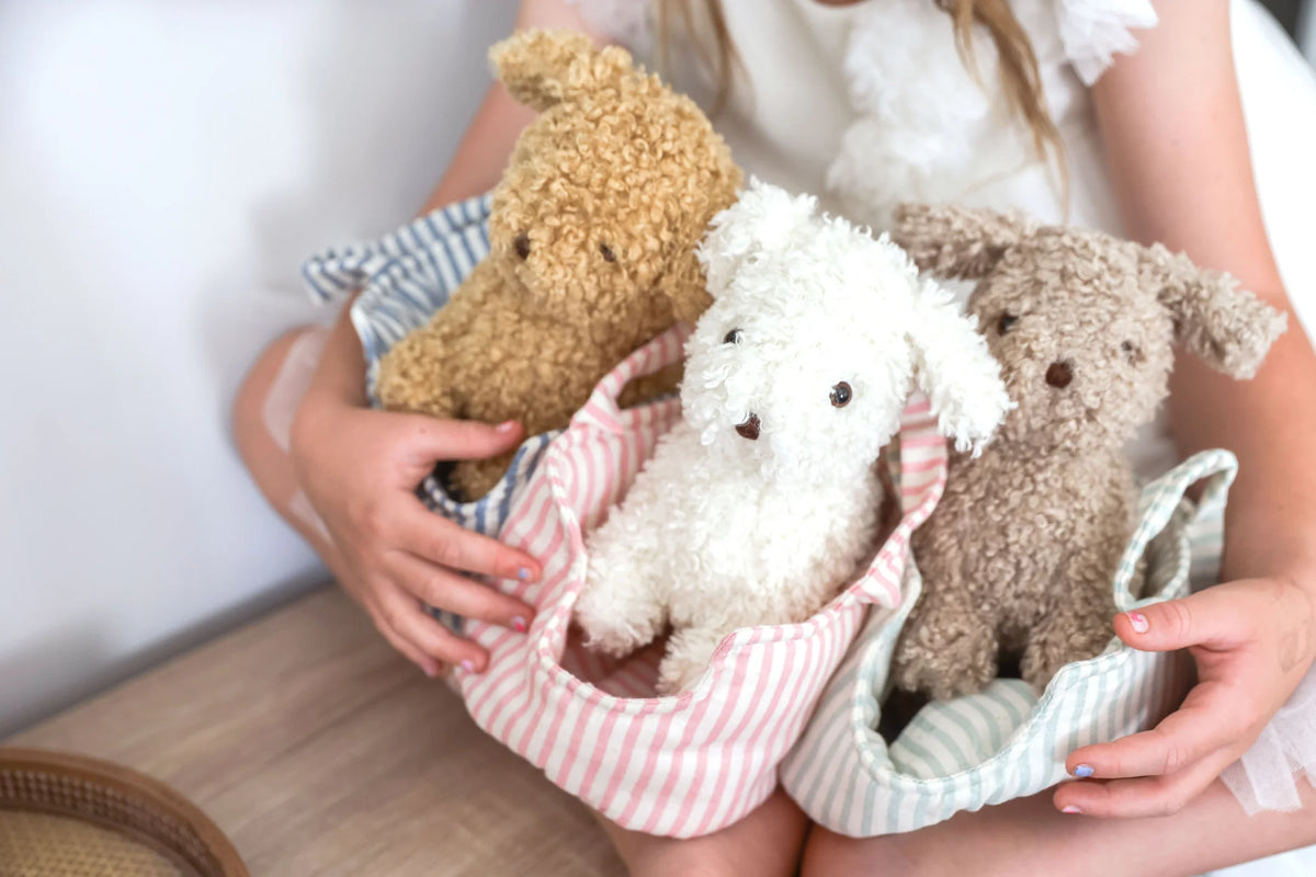 Child holding three stuffed dog toys in a basket with a white background