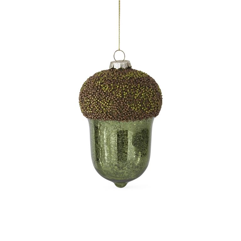 Decorative glass acorn ornament with textured top on a white background