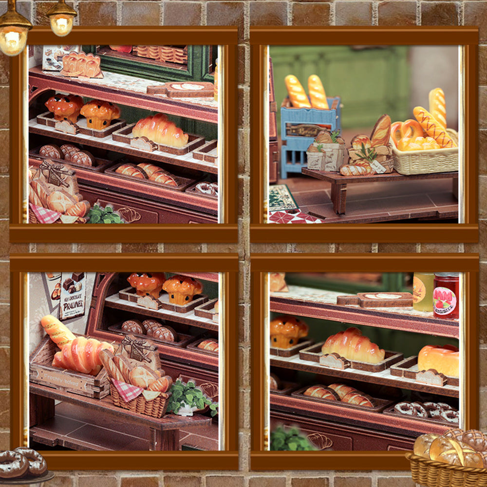 Four-panel window view of a bakery with various pastries and bread displayed.