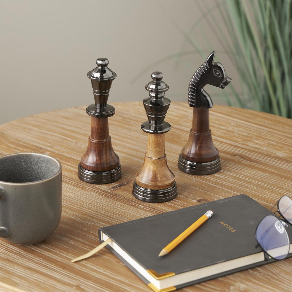Set of 3 Aluminum & Mango Wood Decorative Chess Sculptures