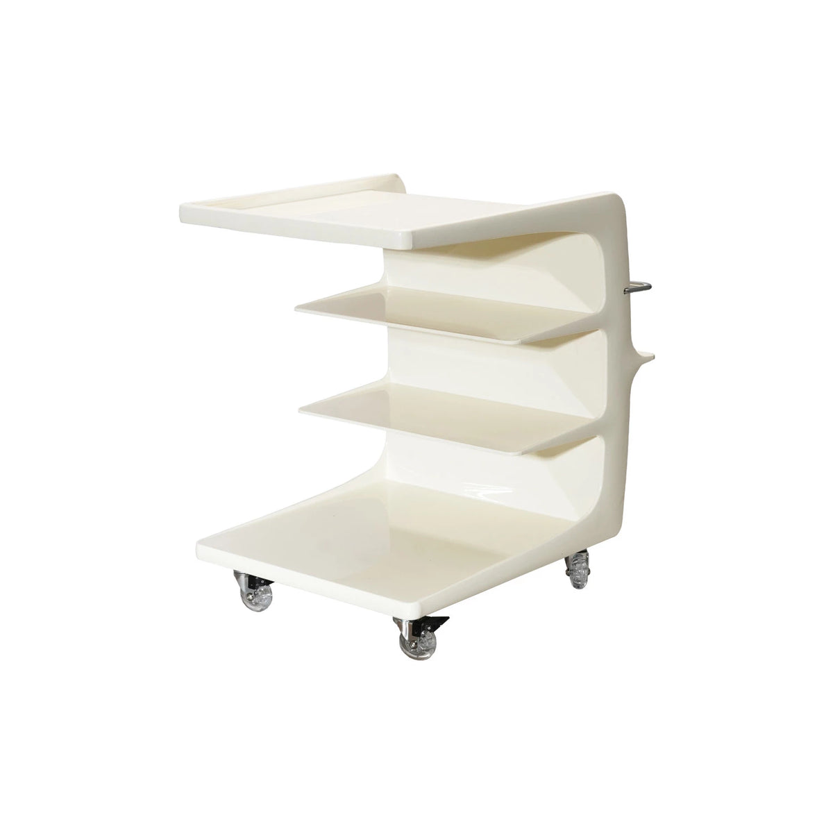 White rolling shelf with multiple tiers on a white background