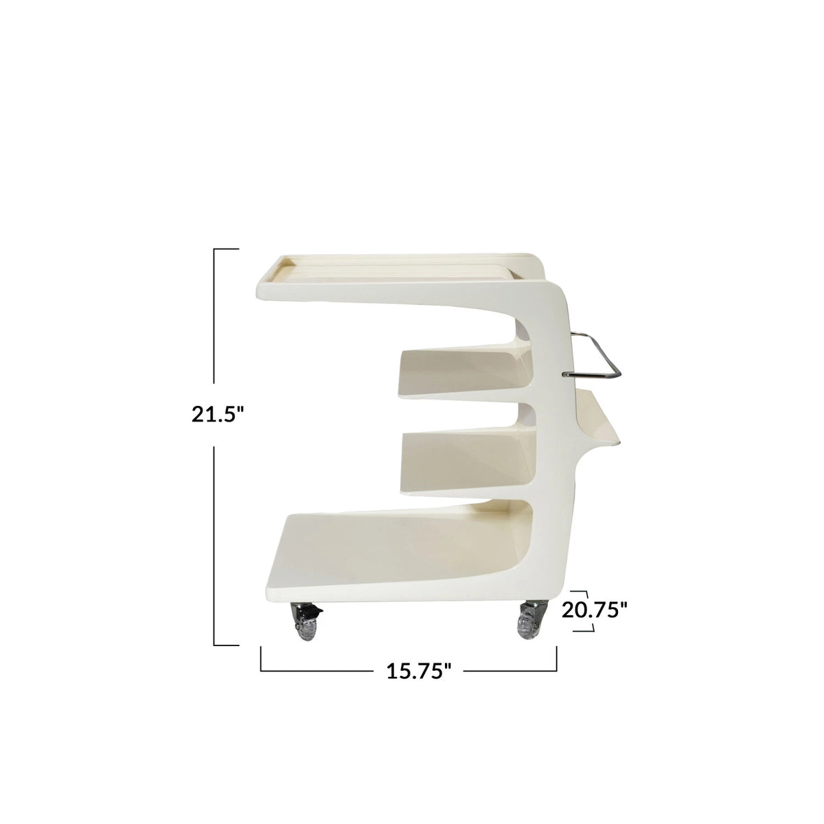White rolling cart with dimensions labeled on a white background