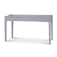 A gray rectangular desk with three drawers on a white background.
