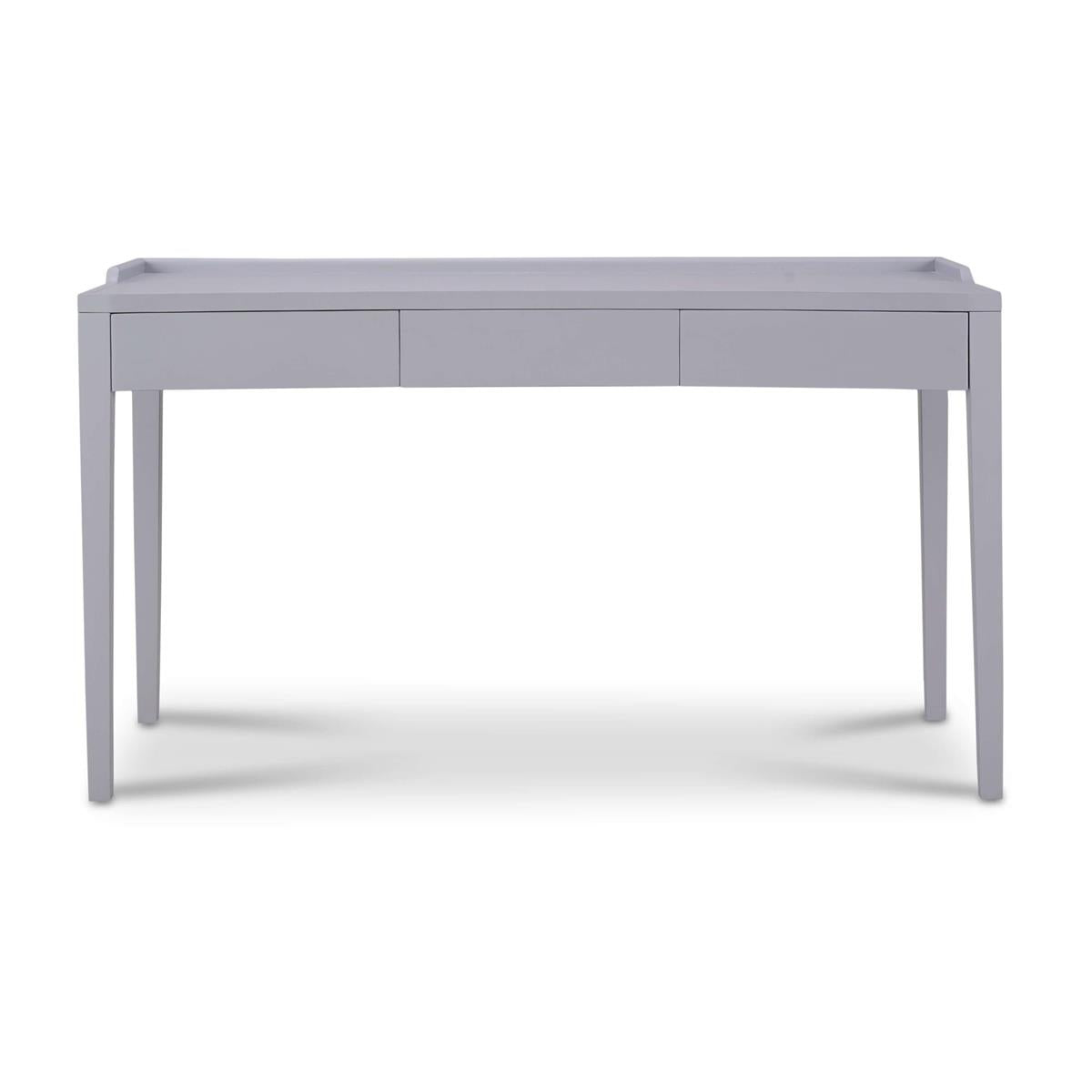 A gray rectangular desk with three drawers on a white background.