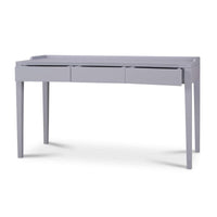 A gray rectangular desk with three drawers open slightly on a white background.