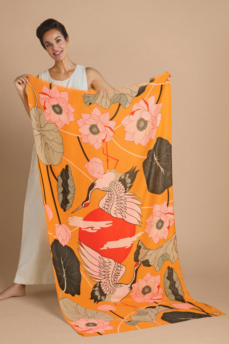 Powder Design Crane at Sunrise Printed Scarf - Mustard