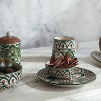 Hand-Painted Stoneware Plate w/ Design, Cream Color, Brown & Green