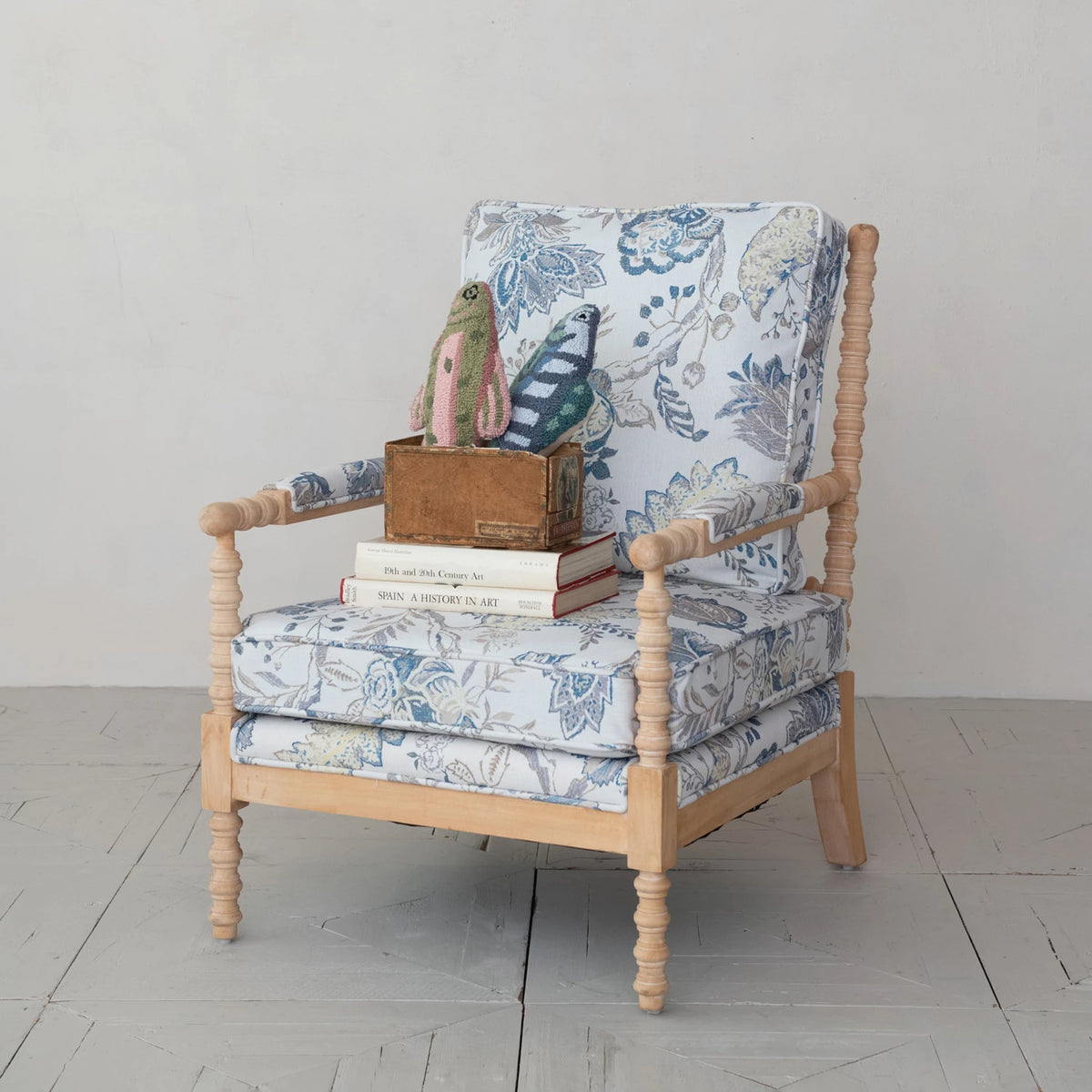 Linen Upholstered Chair with Floral & Leaf Pattern and Spindle Wood Frame