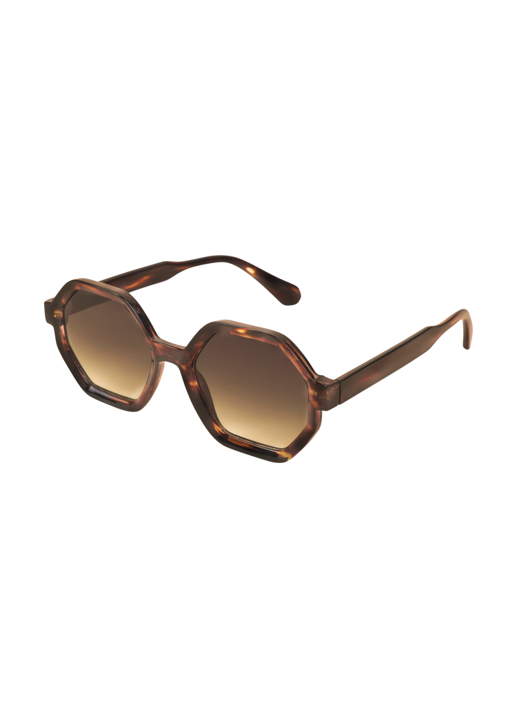 Brown sunglasses with a hexagonal frame on a white background