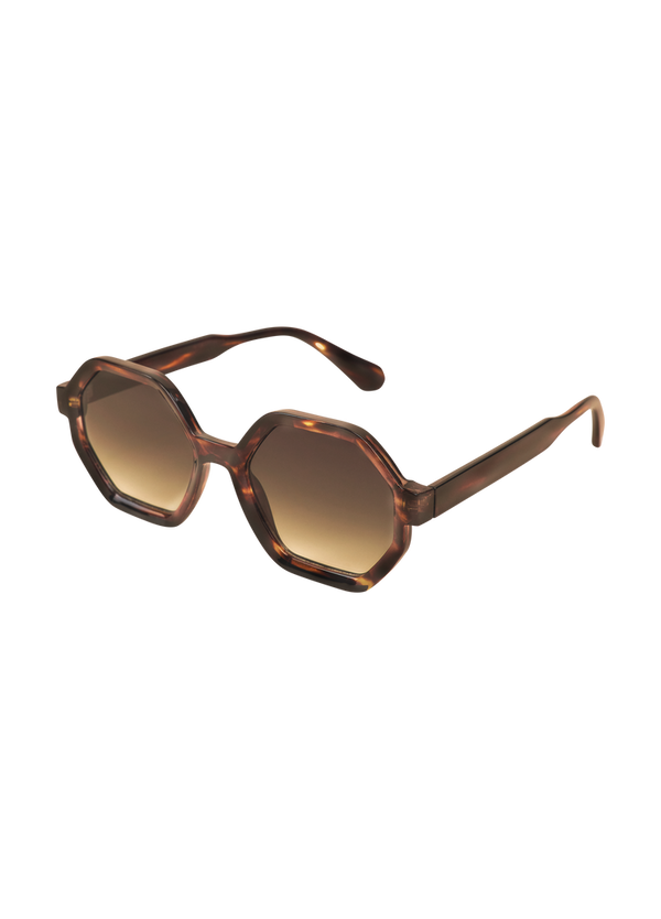 Brown sunglasses with a hexagonal frame on a white background