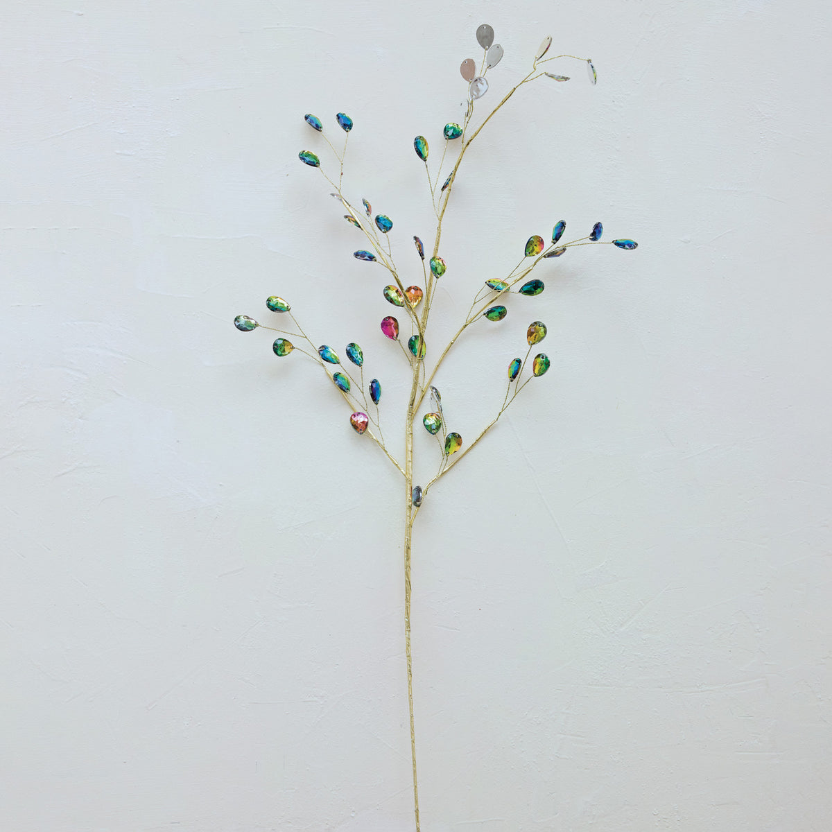 Faux Botanical Spray with Iridescent Acrylic Jewels, Gold Finish