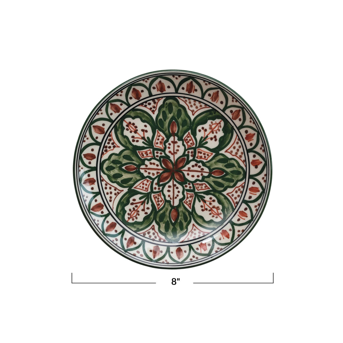 Hand-Painted Stoneware Plate w/ Design, Cream Color, Brown & Green