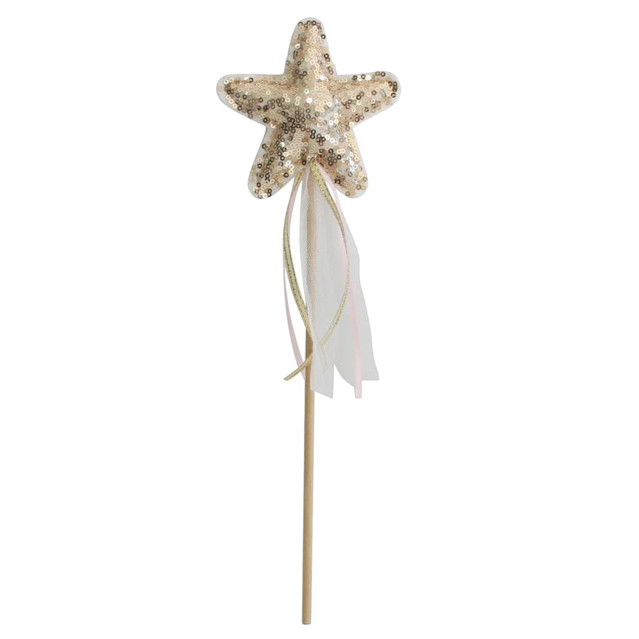 Decorative star wand with sequins and a ribbon on a white background