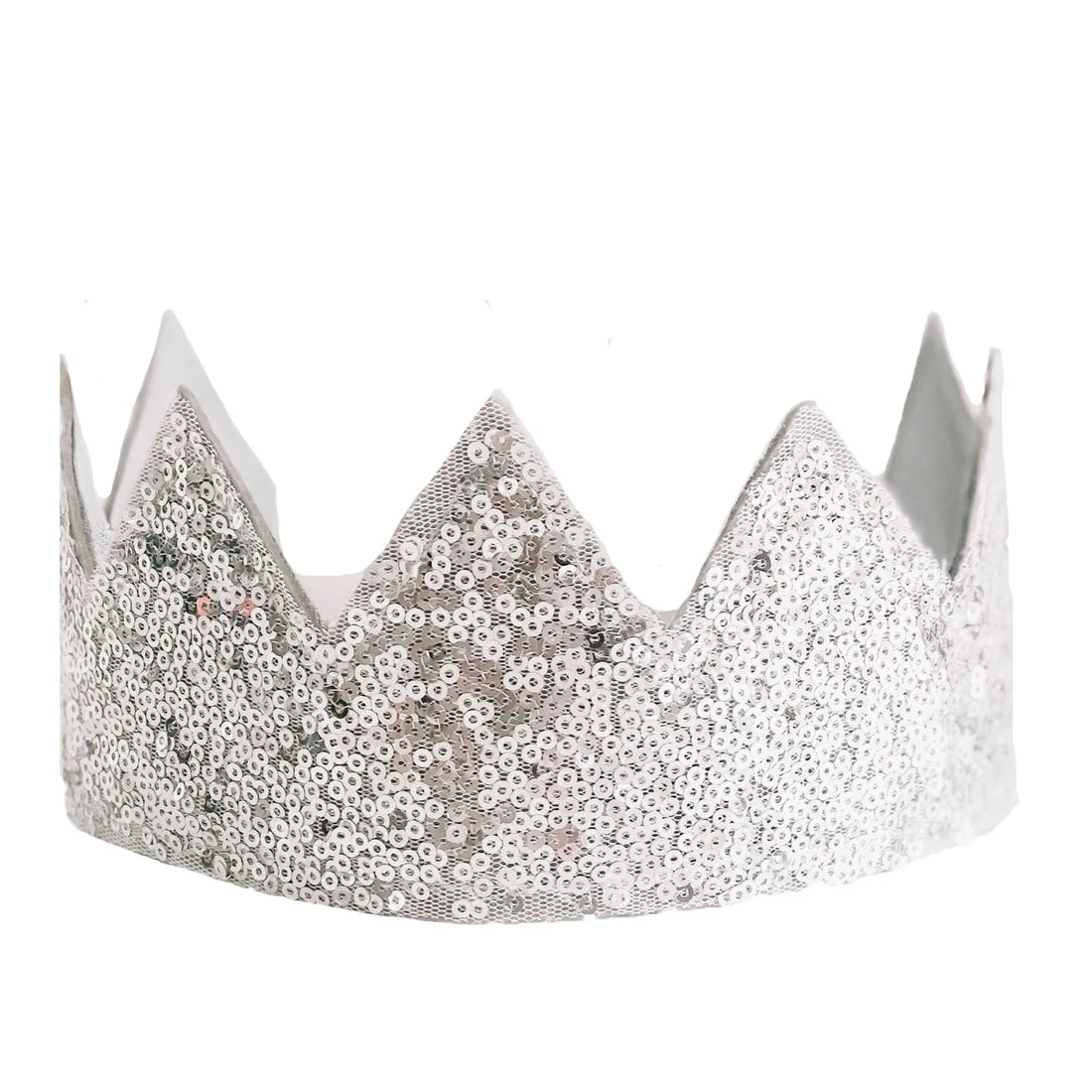 A silver sequin crown shown against a plain white background.