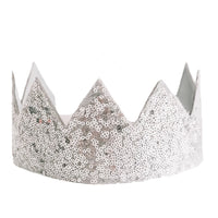 A silver sequin crown shown against a plain white background.