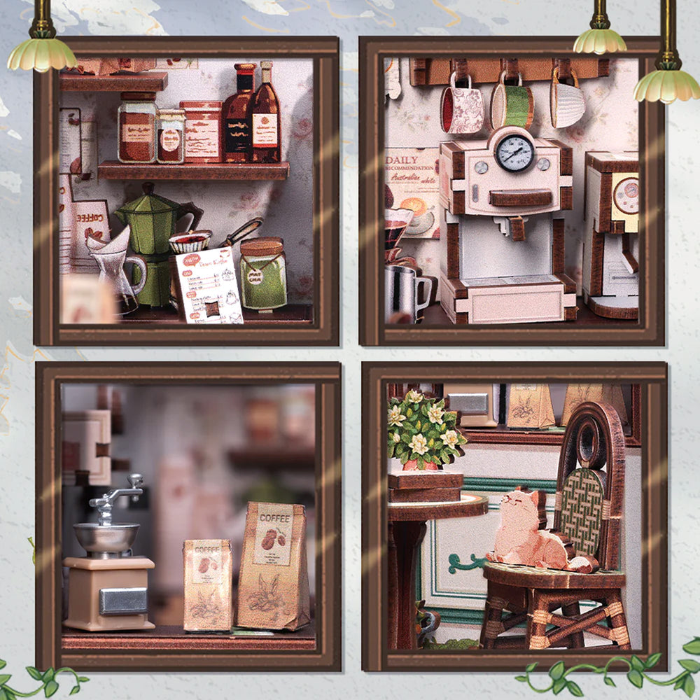Four framed pictures of a coffee-themed room with shelves, coffee maker, and a chair with a cat in it.