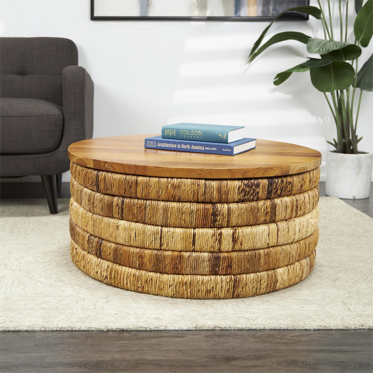 Seagrass Handwoven Coffee Table with Teak Wood Top