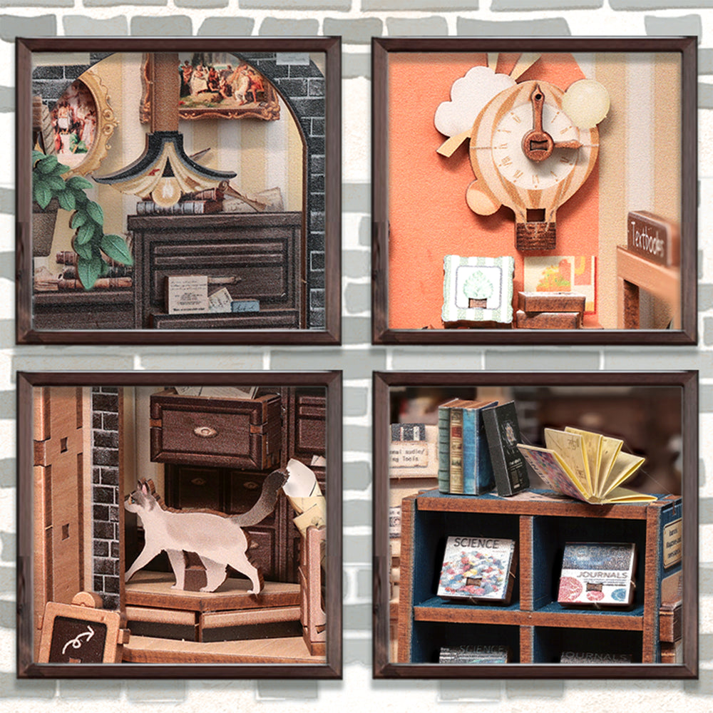 Four framed pictures showing different scenes with furniture and decor on a striped wall background.