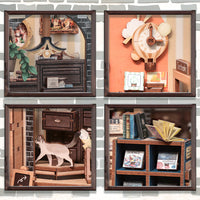 Four framed pictures showing different scenes with furniture and decor on a striped wall background.