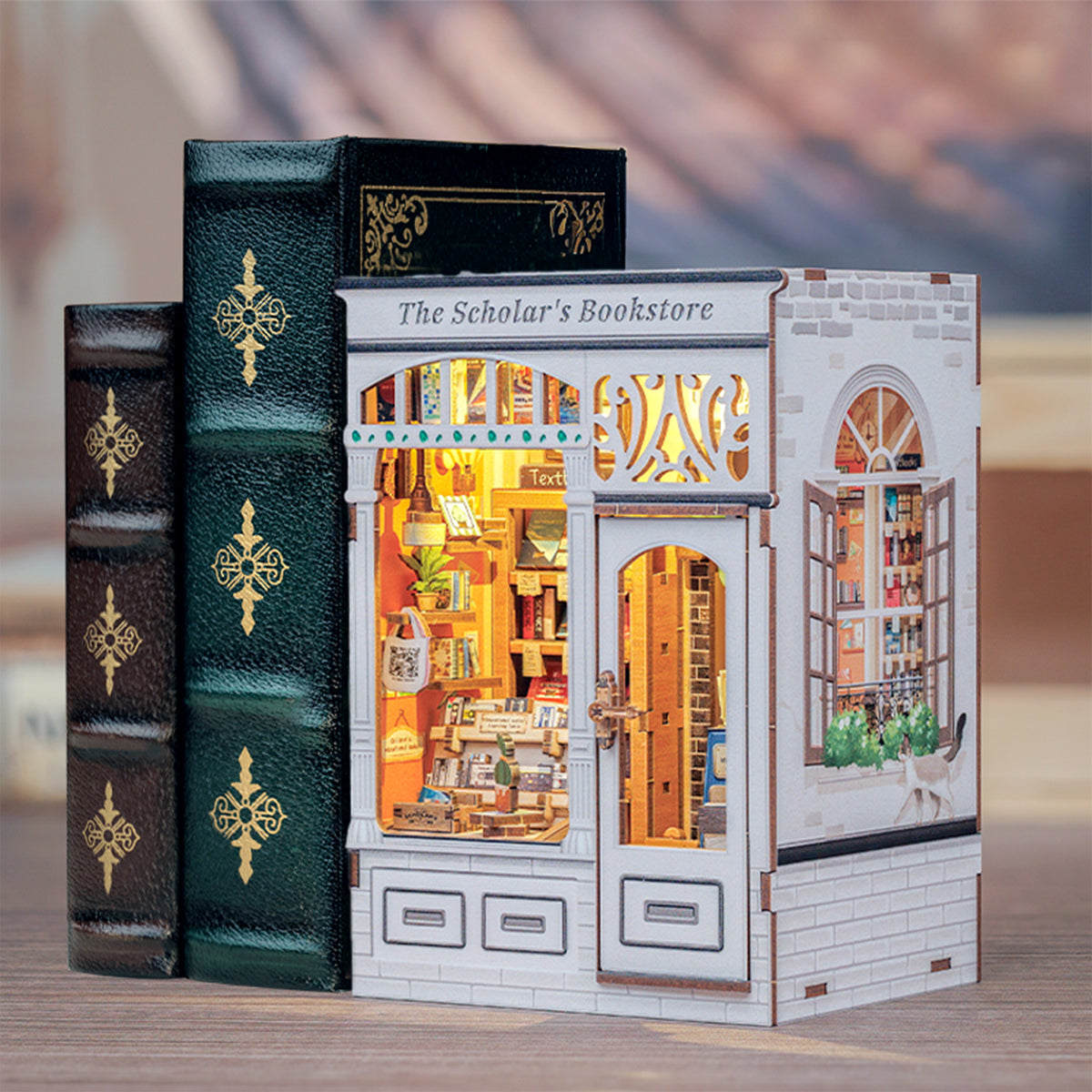 Model of a bookstore with decorative books in front
