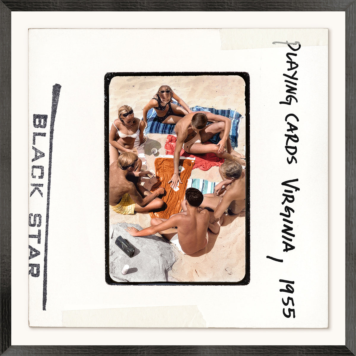 Framed black and white photo of people playing cards on a beach with text 'Black Star Playing Cards Virginia 1955'.