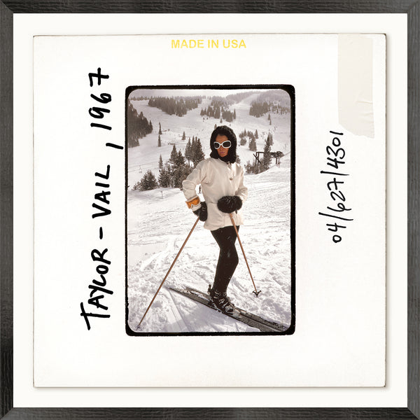 Person skiing in a snowy landscape with text 'Taylor Vail, 1967' on a white background