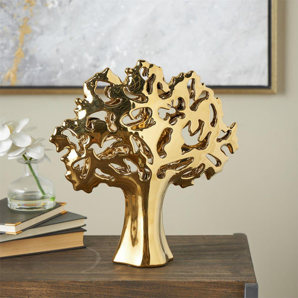 Gold Ceramic Tree Sculpture with Abstract Cutouts