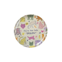 Round melamine plate with cat illustrations and text on a white background