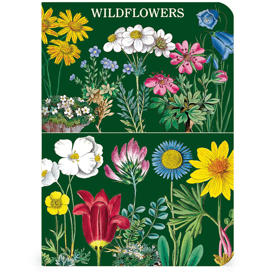 Notebook cover with colorful wildflower illustration on a green background