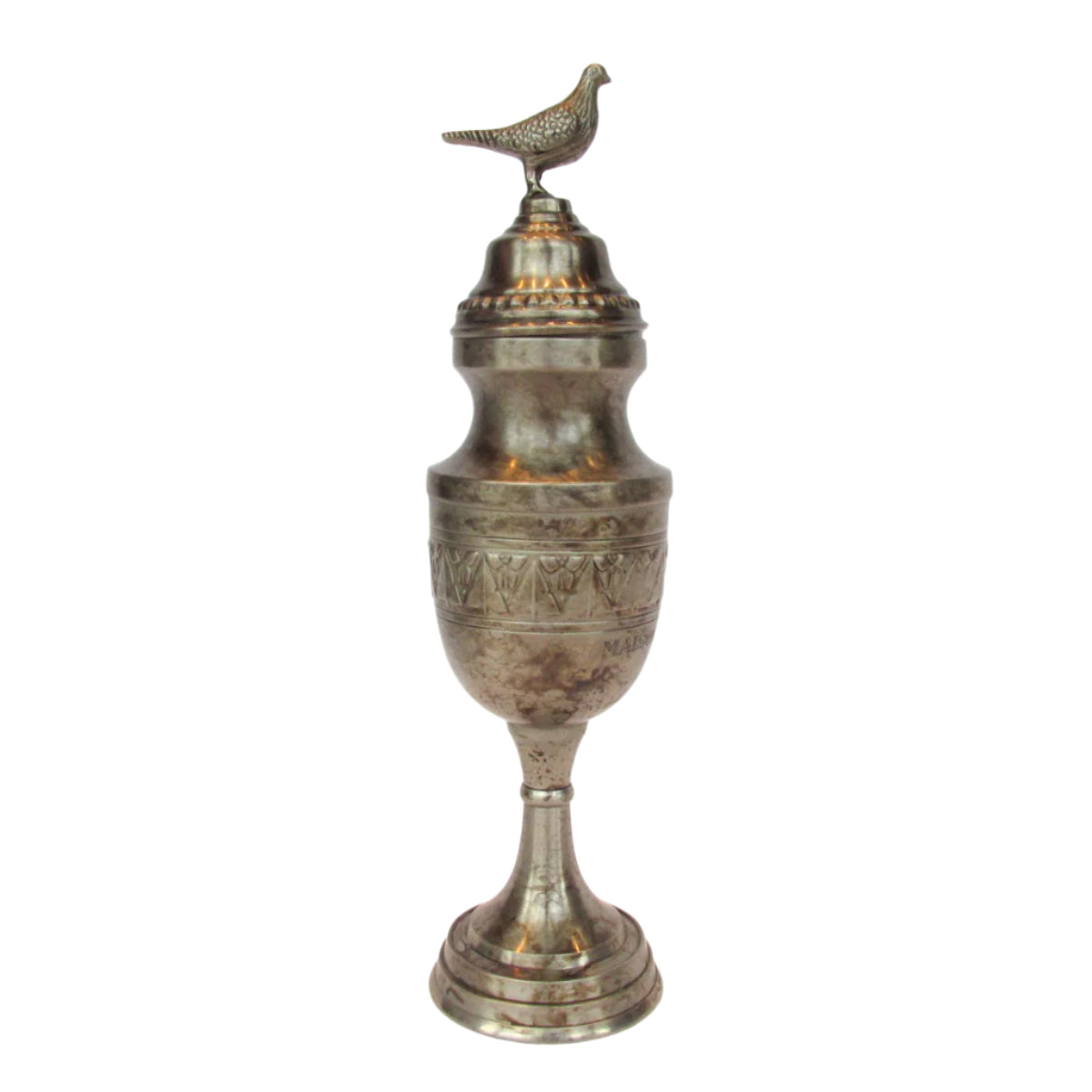 Antique-style silver pigeon racing trophy with a bird perched atop a cylindrical base.