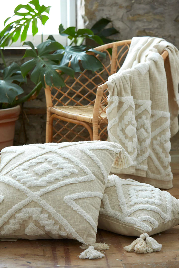 Patina Vie Diamond Tufted Cotton Throw Blanket with Tassels - Alabaster
